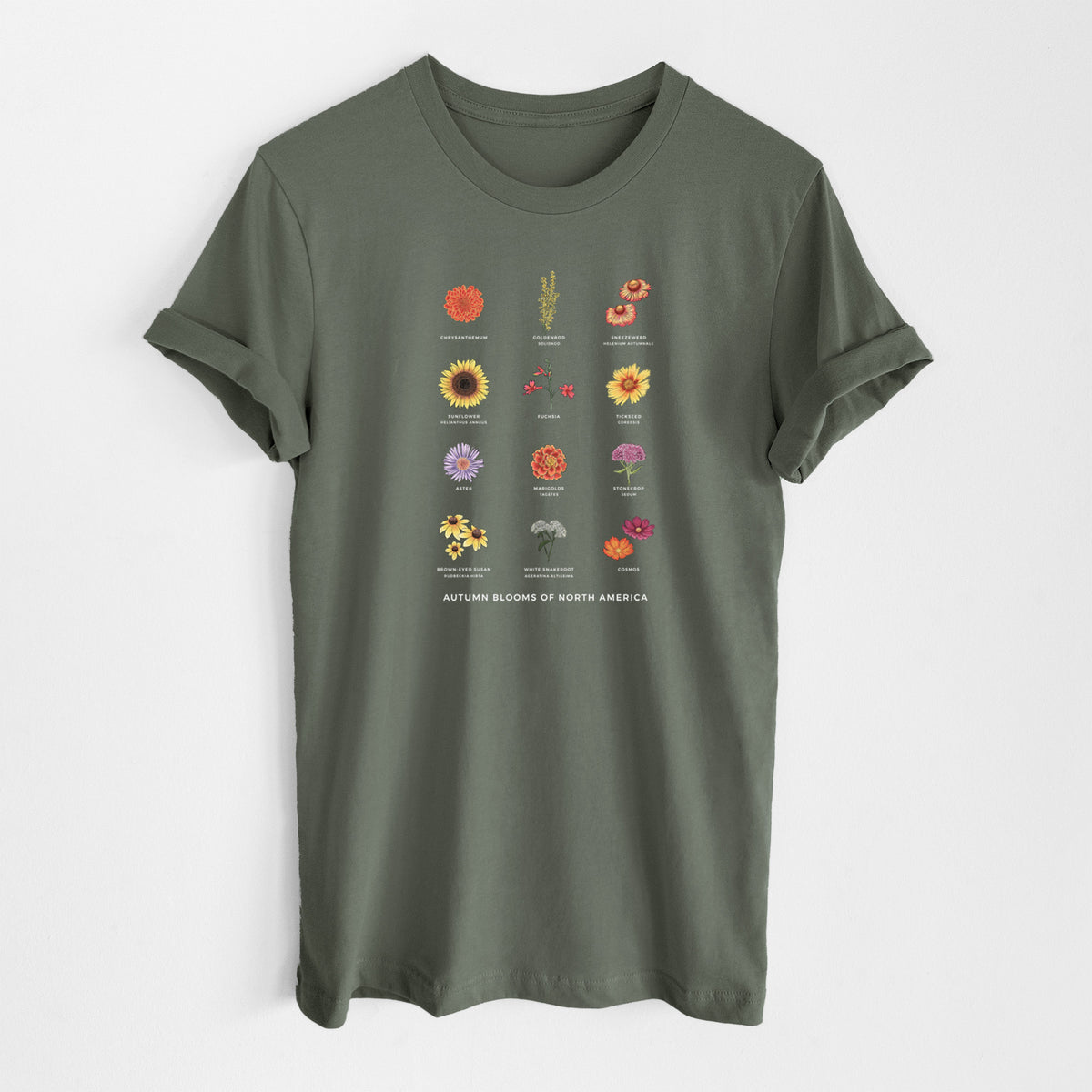 Military green lightweight cotton t-shirt laid flat, printed with a full-color chart of autumn flowers, each labeled with its name.