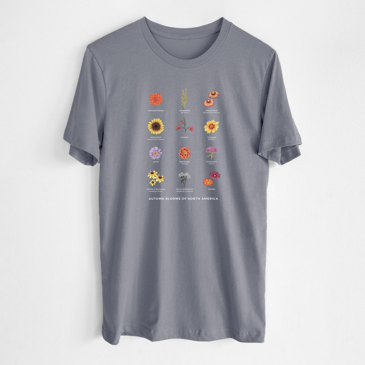 Storm grey lightweight cotton t-shirt laid flat, printed with a full-color chart of autumn flowers, each labeled with its name.