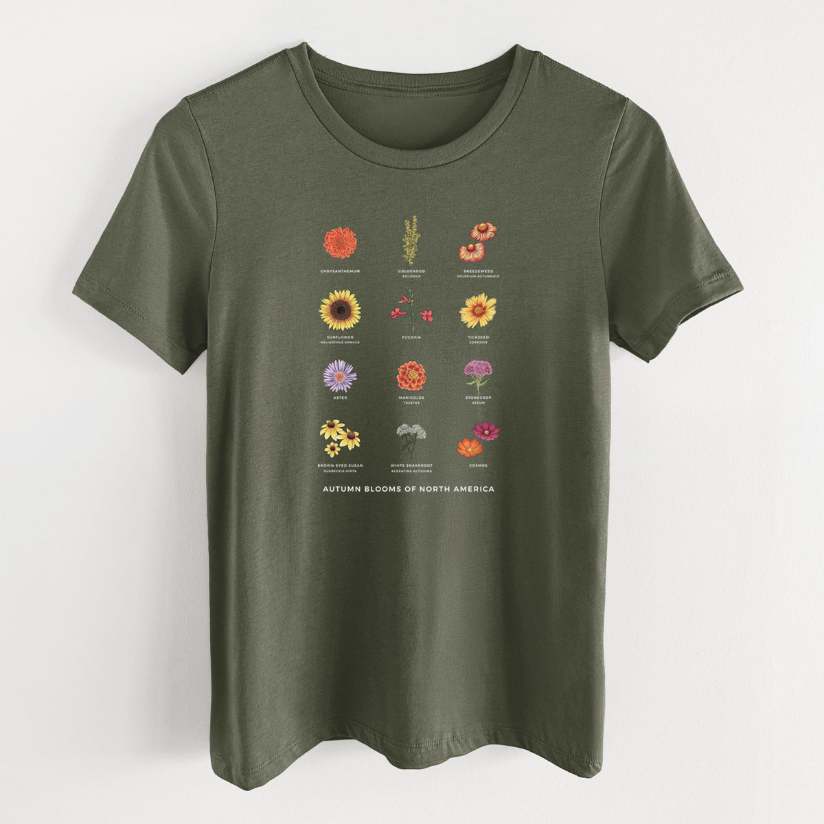 Military green women's relaxed fit cotton t-shirt laid flat, printed with a full-color chart of autumn flowers, each labeled with its name.