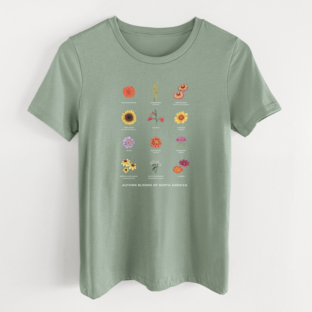 Sage green women's relaxed fit cotton t-shirt laid flat, printed with a full-color chart of autumn flowers, each labeled with its name.