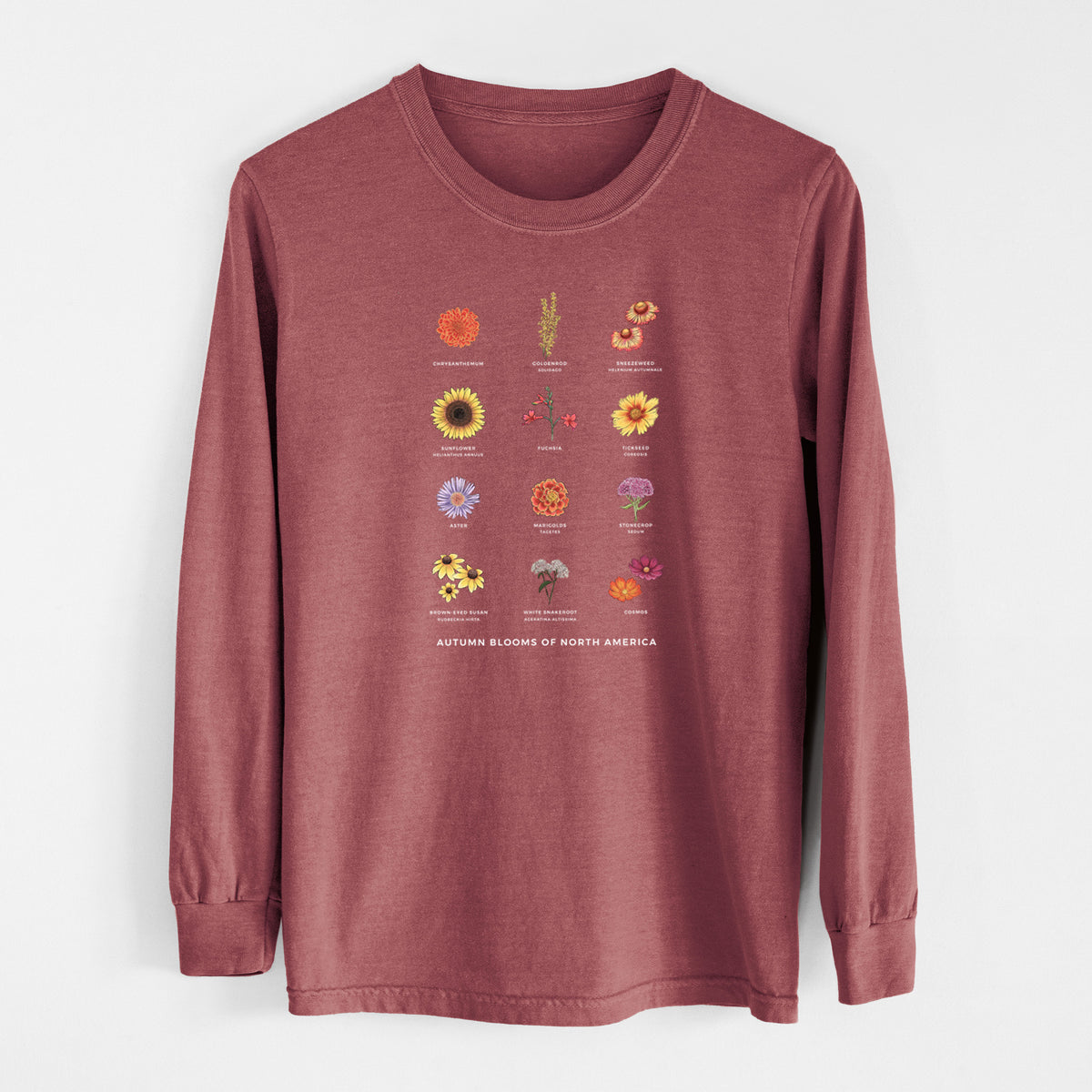 Brick red Comfort Colors long sleeve shirt laid flat, printed with a full-color chart of autumn flowers, each labeled with its name.
