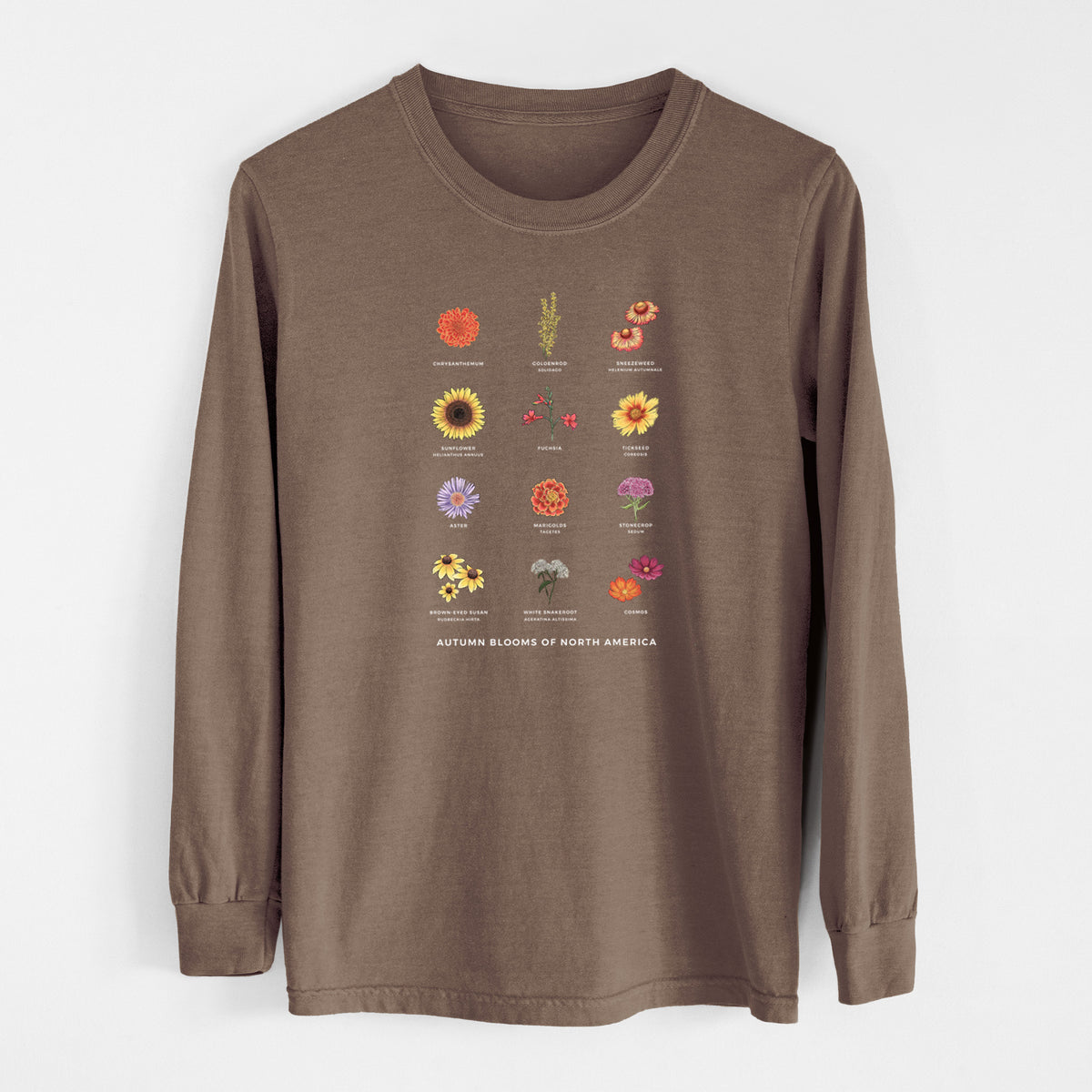 Espresso brown Comfort Colors long sleeve shirt laid flat, printed with a full-color chart of autumn flowers, each labeled with its name.