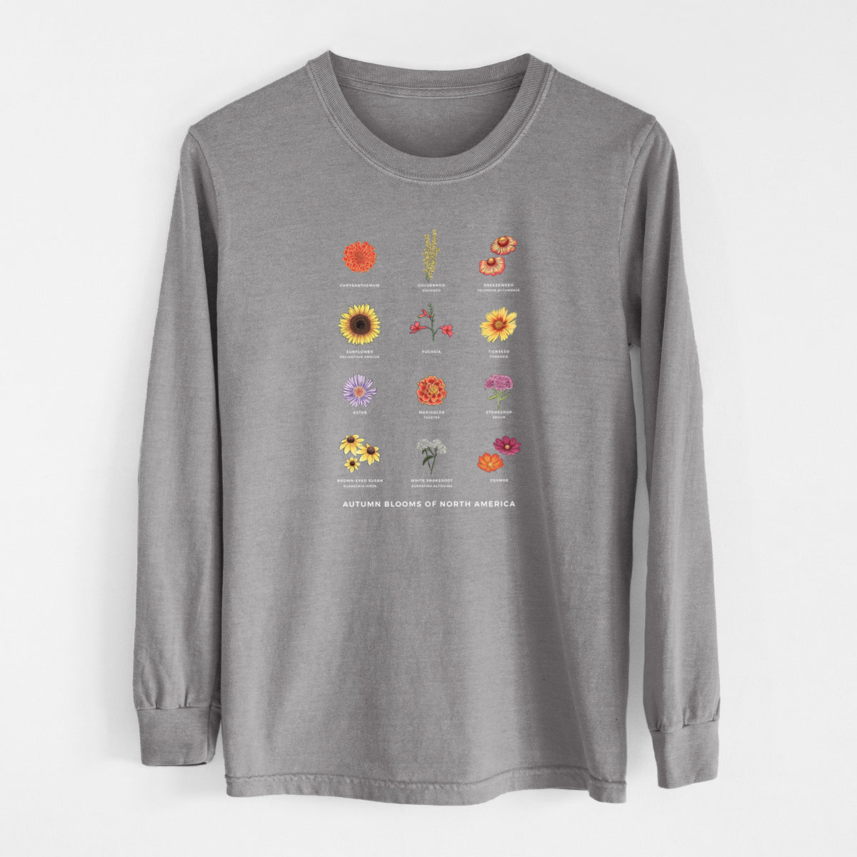 Grey Comfort Colors long sleeve shirt laid flat, printed with a full-color chart of autumn flowers, each labeled with its name.