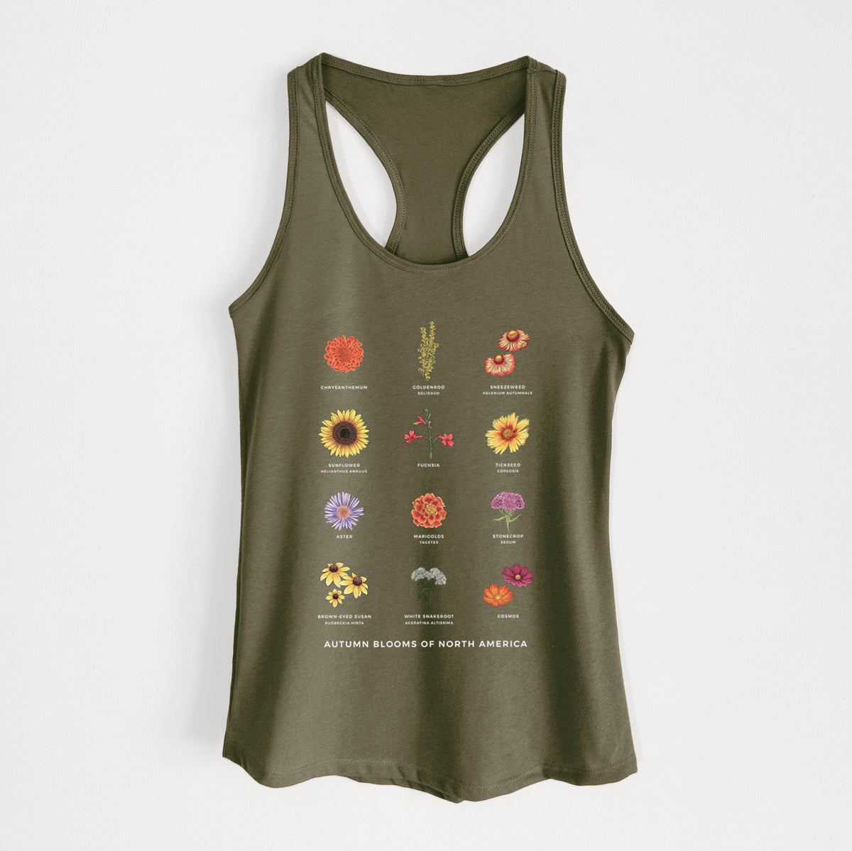Military green women's racerback tank top laid flat, printed with a full-color chart of autumn flowers, each labeled with its name.
