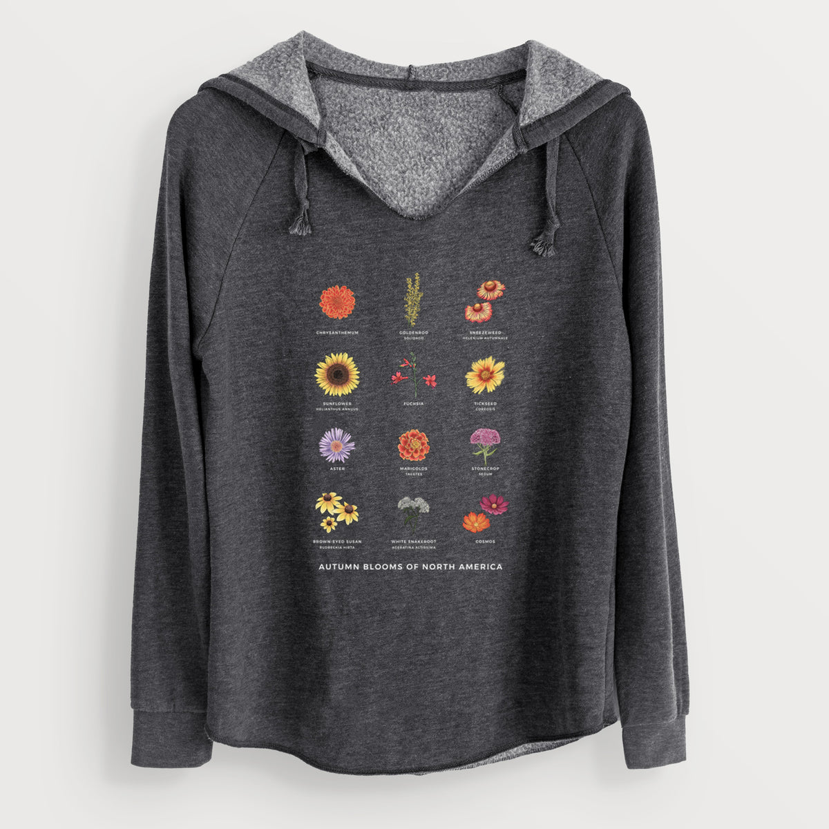Charcoal grey women's Cali Wave hooded sweatshirt laid flat, printed with a full-color chart of autumn flowers, each labeled with its name.