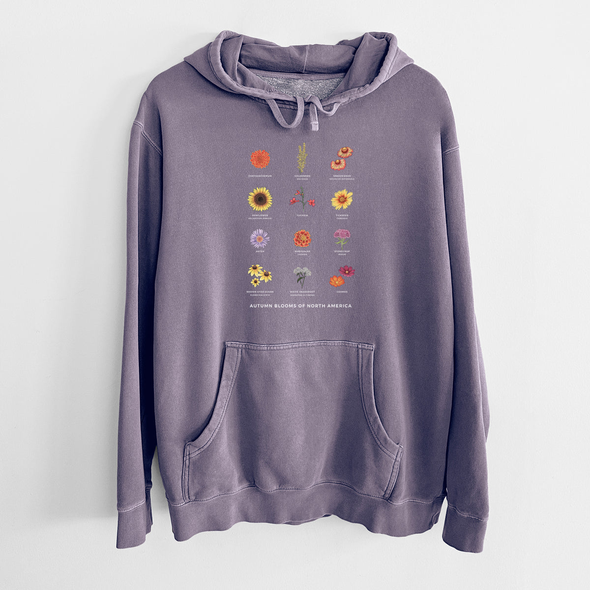 Plum purple pigment dyed hoodie laid flat, printed with a full-color chart of autumn flowers, each labeled with its name.