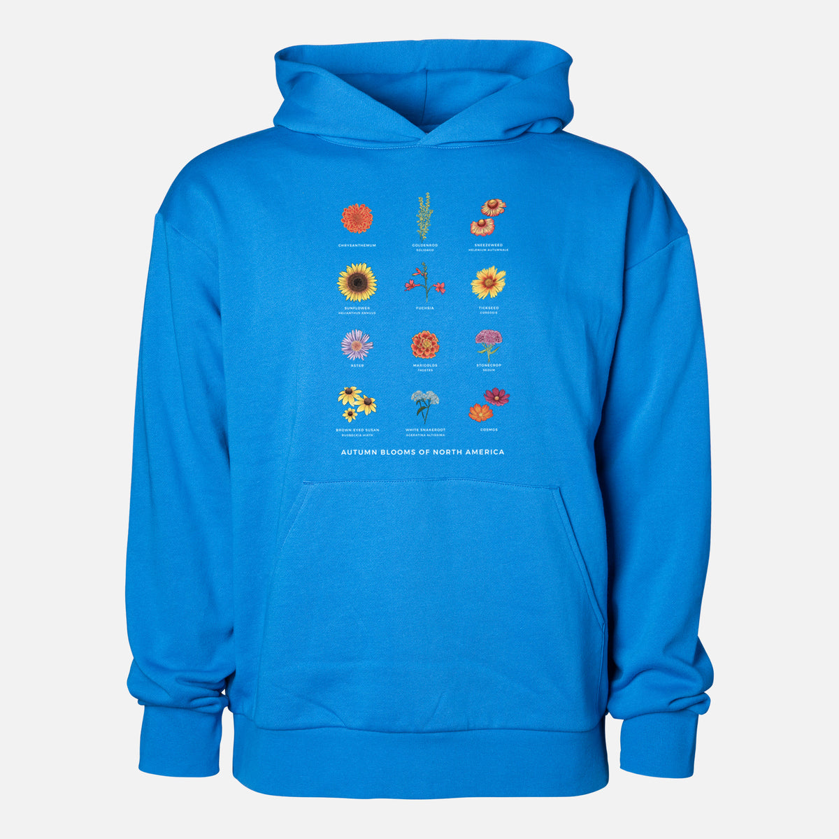 Autumn Blooms of North America - Statement Midweight Hoodie in Azure Blue, shown from the front with the design printed on the chest above a front kangaroo pocket.