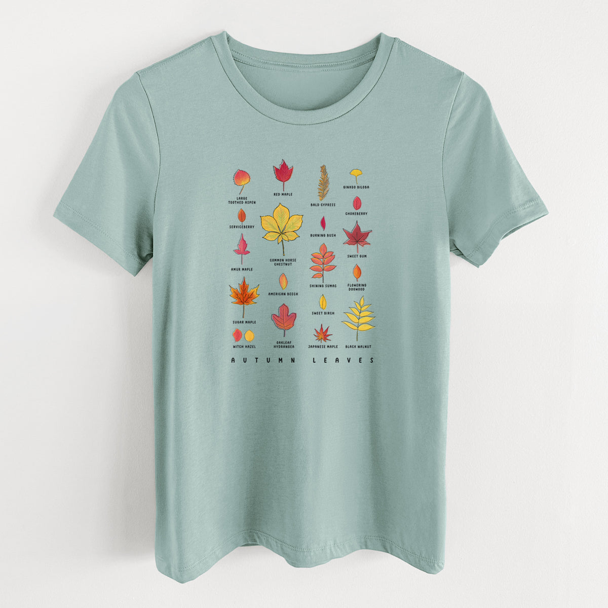 Dusty blue women's relaxed fit cotton t-shirt laid flat, printed with a full-color chart of autumn leaves, each labeled with its tree species.