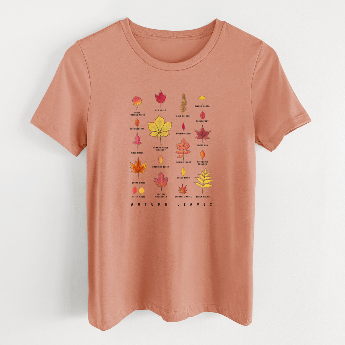Terracotta orange women's relaxed fit cotton t-shirt laid flat, printed with a full-color chart of autumn leaves, each labeled with its tree species.