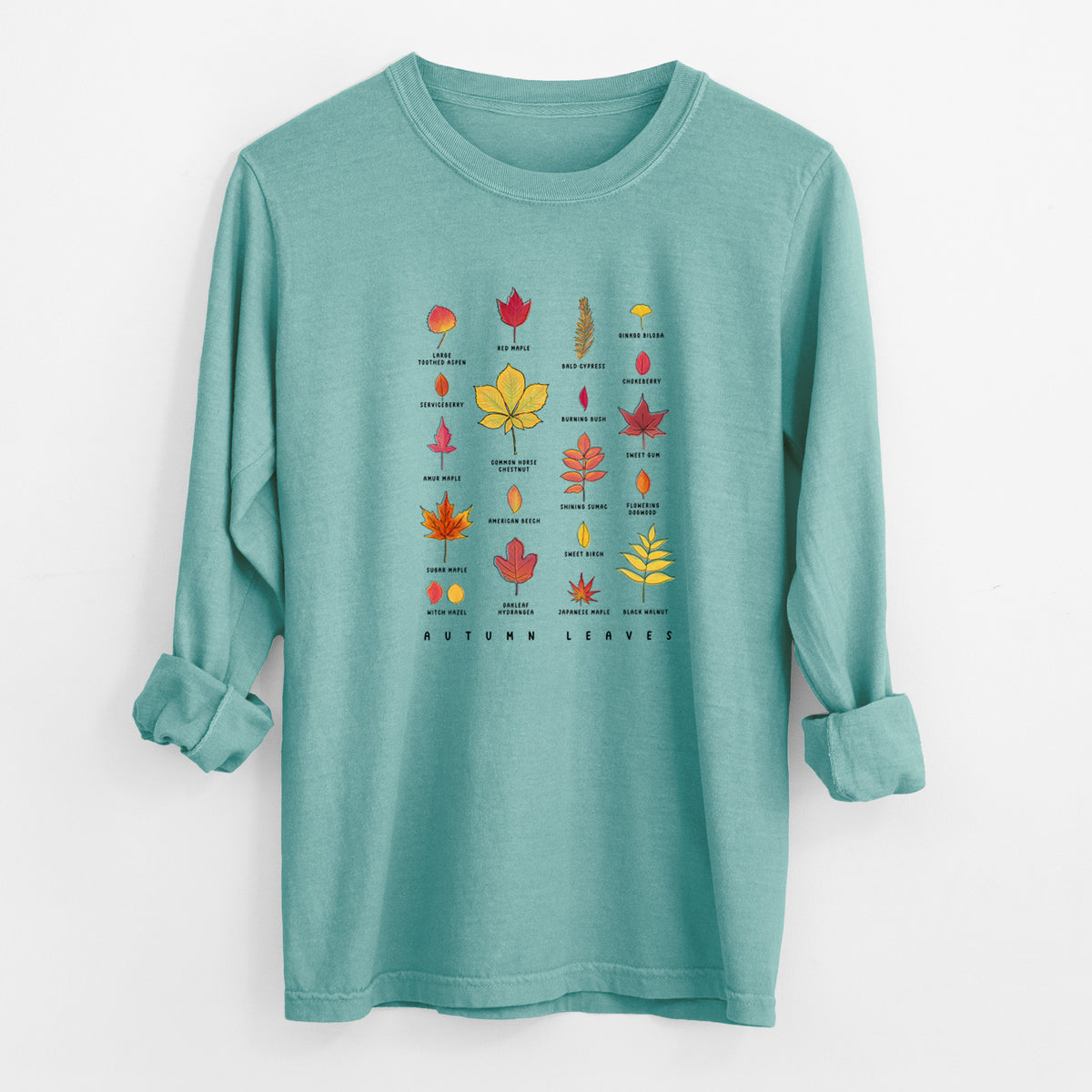 Reef green Comfort Colors long sleeve shirt laid flat with the cuffs rolled, printed with a full-color chart of autumn leaves, each labeled with its tree species.