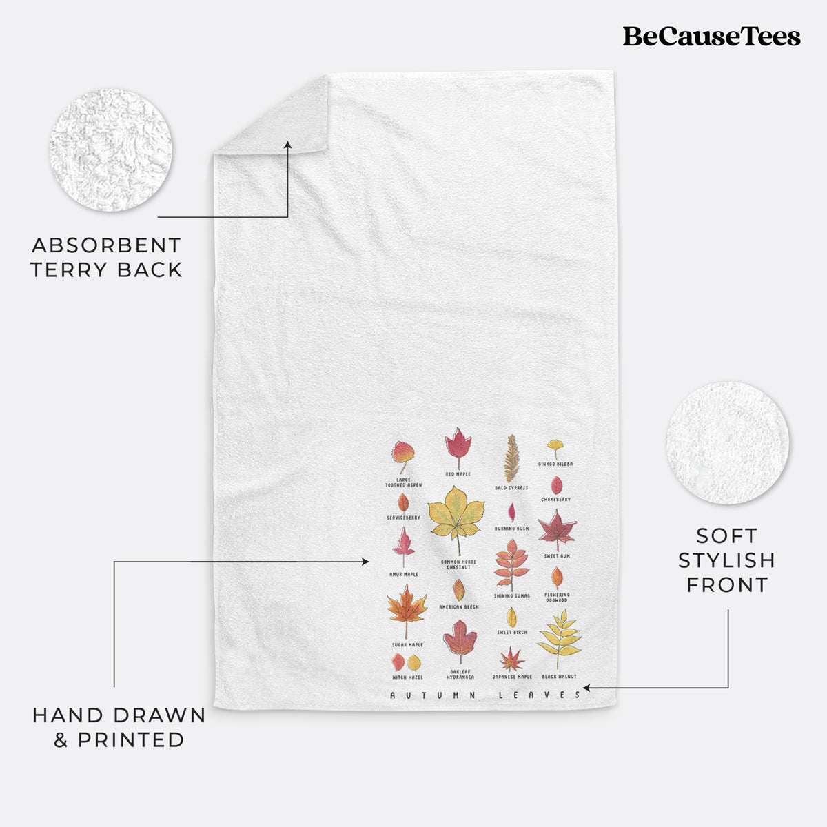 White hand towel printed with a full-color chart of autumn leaves, each labeled with its tree species.