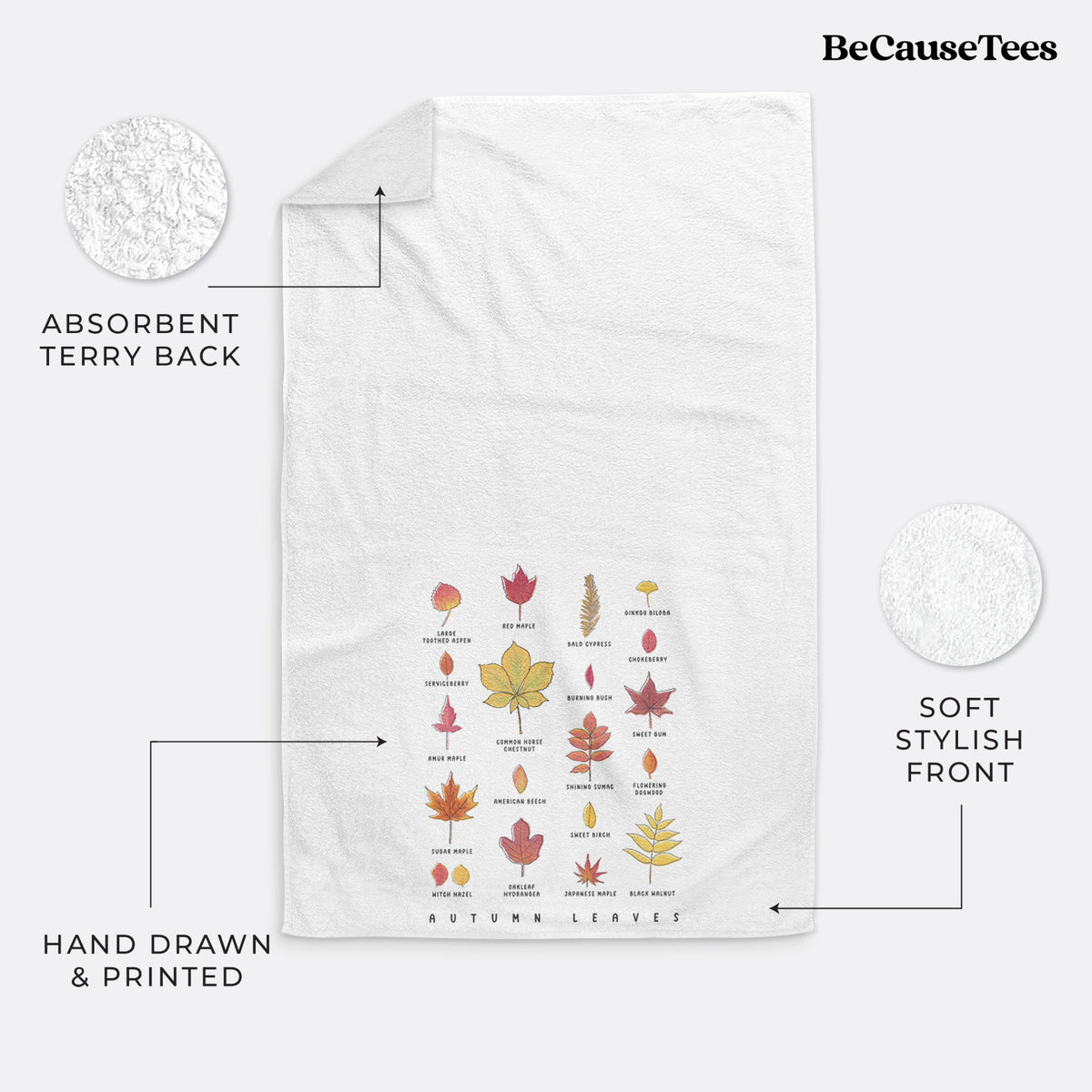 White hand towel printed with a full-color chart of autumn leaves, each labeled with its tree species.