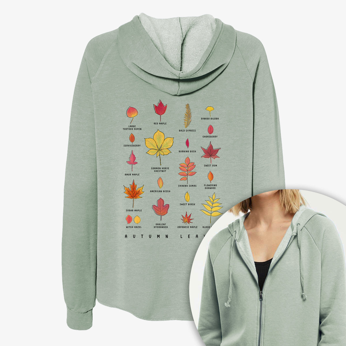 Women's Cali Wave zip-up sweatshirt printed with a full-color chart of autumn leaves, each labeled with its tree species, with a close-up of the zipper.