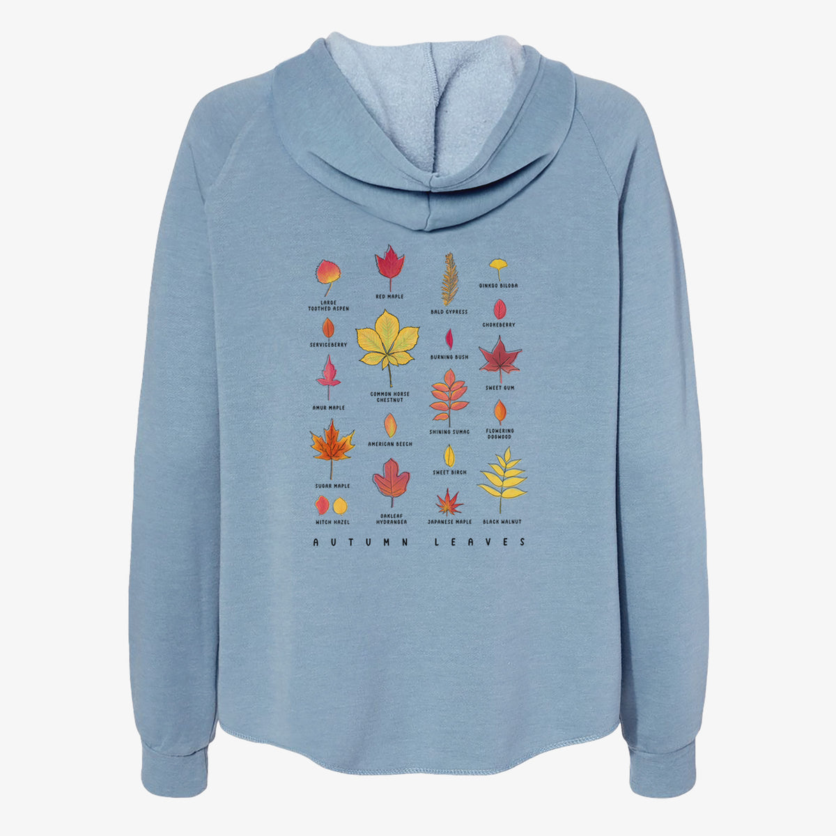 Misty blue women's Cali Wave zip-up sweatshirt laid flat, printed with a full-color chart of autumn leaves, each labeled with its tree species.
