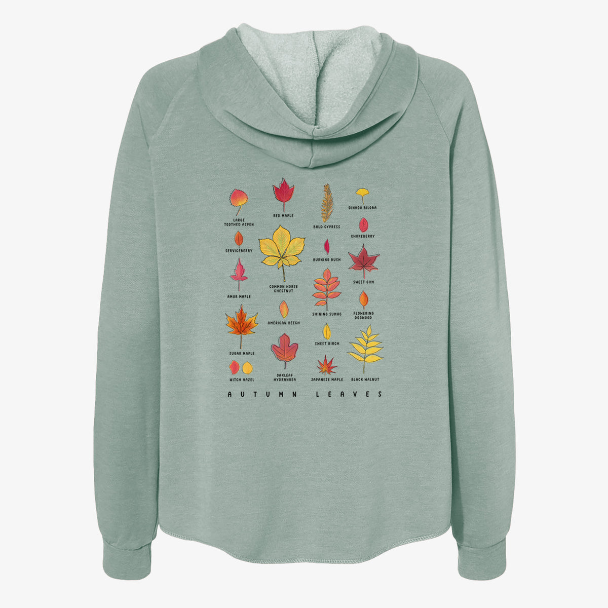 Sage green women's Cali Wave zip-up sweatshirt laid flat, printed with a full-color chart of autumn leaves, each labeled with its tree species.