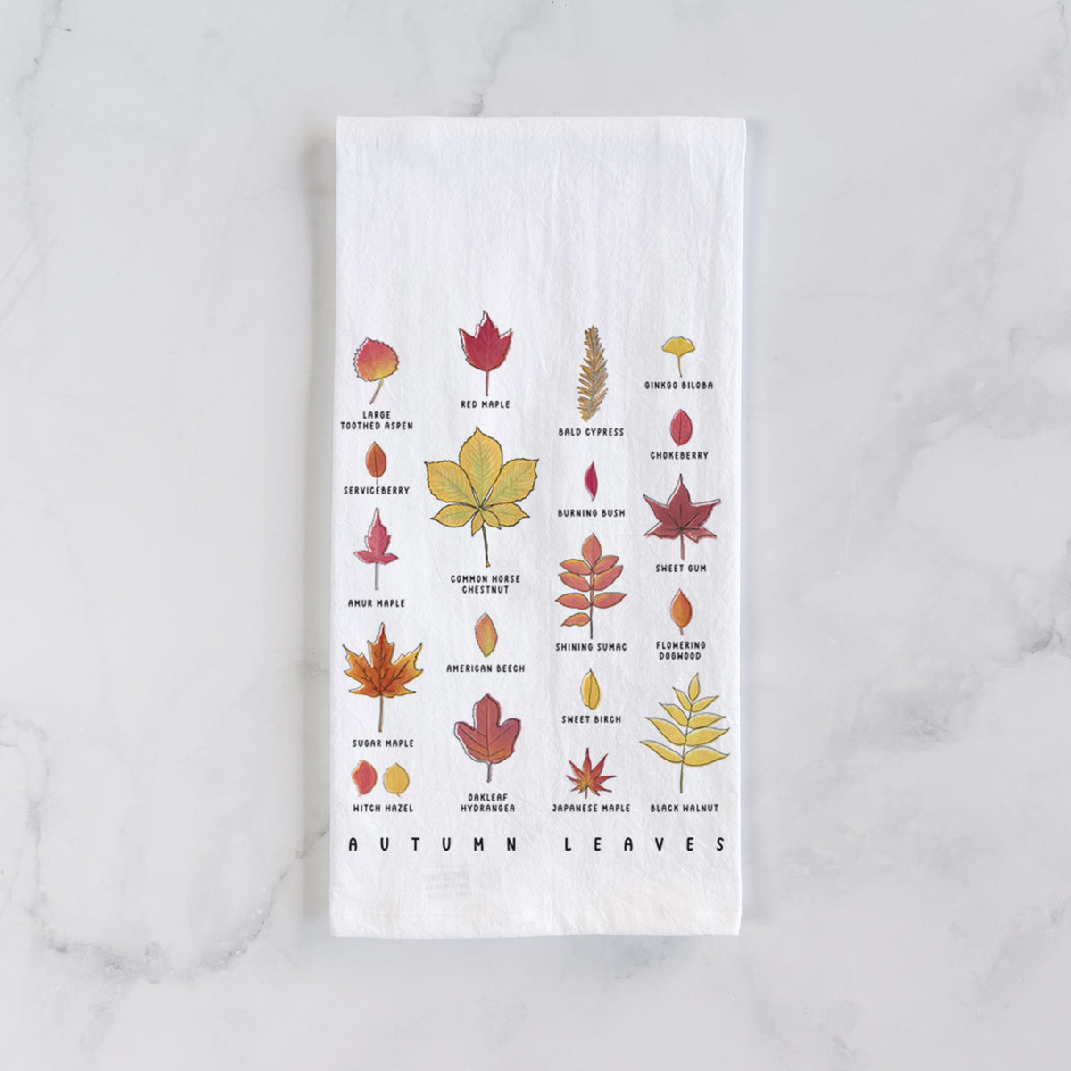 White cotton tea towel laid flat on marble, printed with a full-color chart of autumn leaves, each labeled with its tree species.