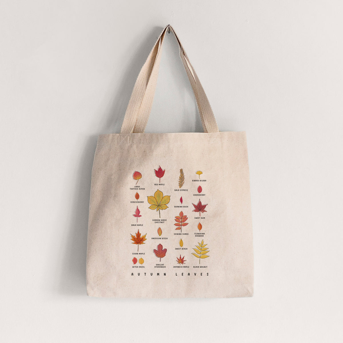 Natural canvas tote bag printed with a full-color chart of autumn leaves, each labeled with its tree species.