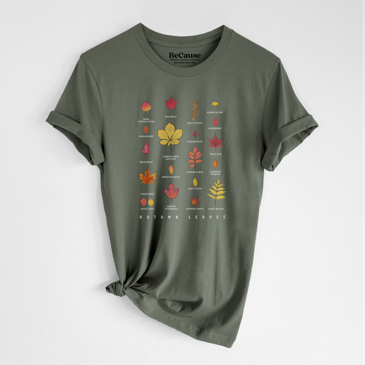 Military green lightweight cotton t-shirt laid flat with the sleeves rolled, printed with a full-color chart of autumn leaves, each labeled with its tree species.