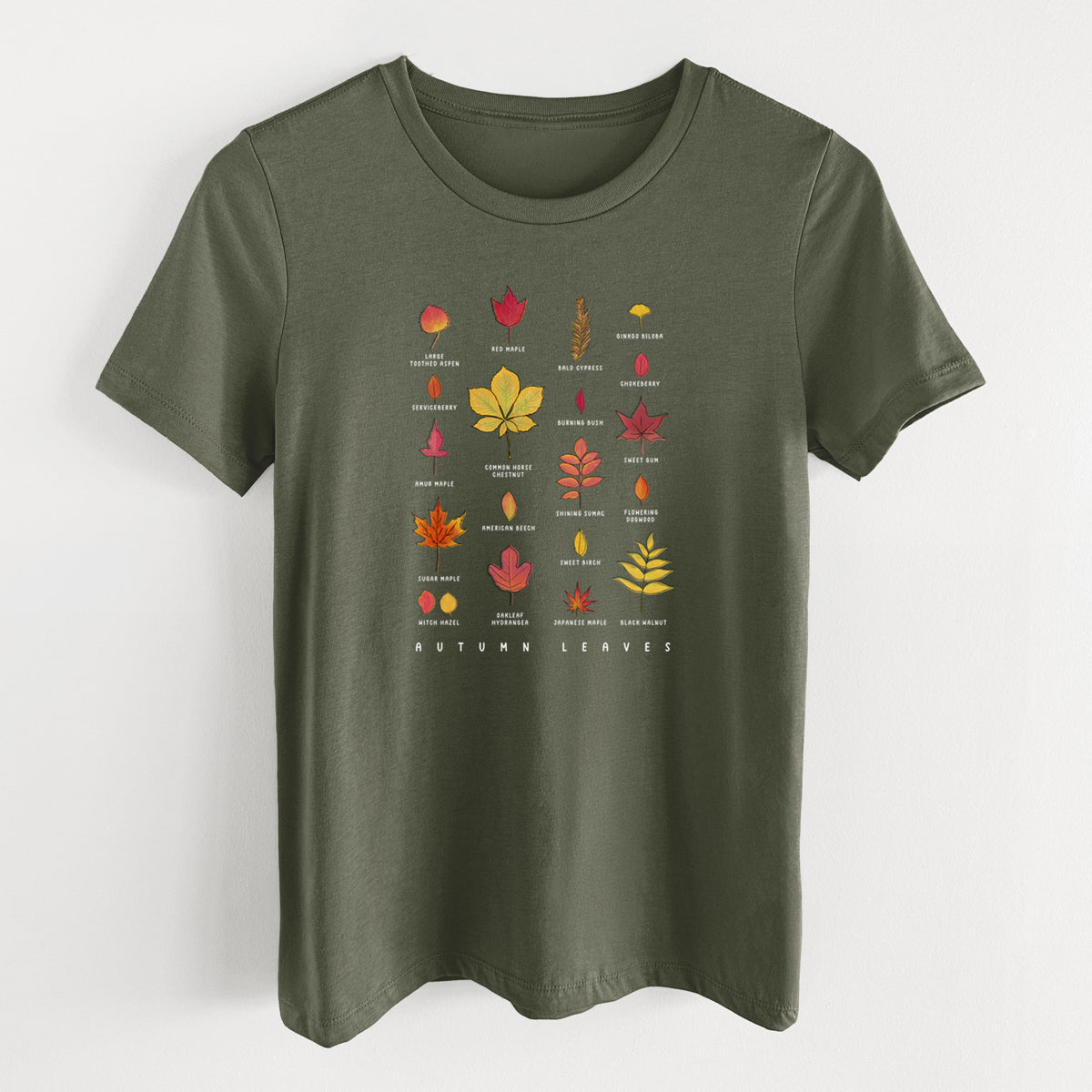 Military green women's relaxed fit cotton t-shirt laid flat, printed with a full-color chart of autumn leaves, each labeled with its tree species.