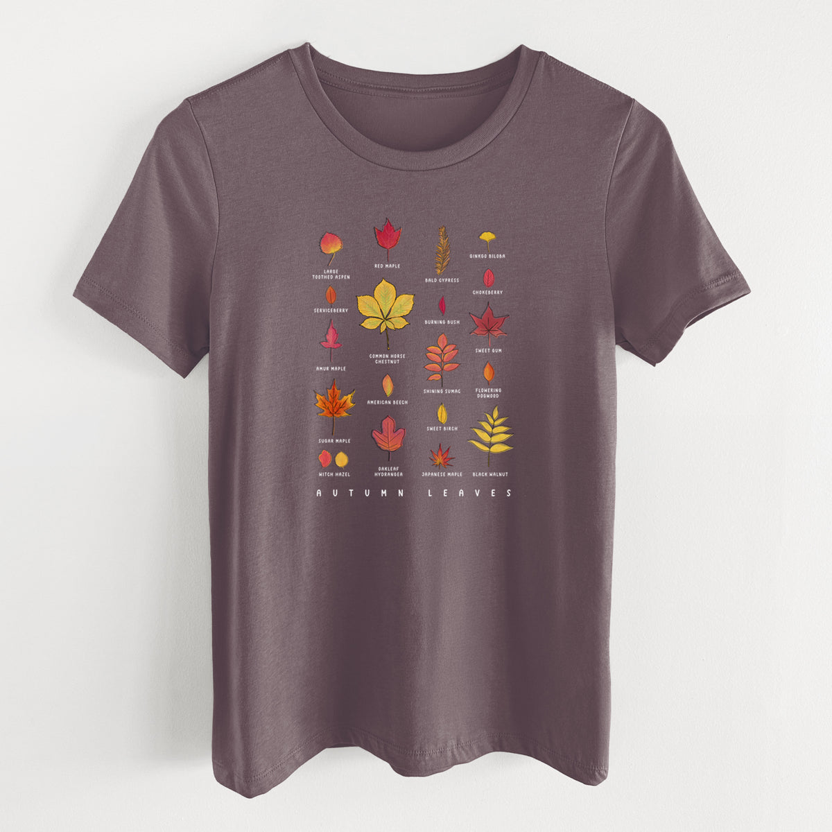 Purple storm women's relaxed fit cotton t-shirt laid flat, printed with a full-color chart of autumn leaves, each labeled with its tree species.