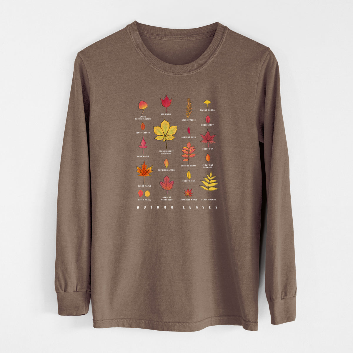 Espresso brown Comfort Colors long sleeve shirt laid flat, printed with a full-color chart of autumn leaves, each labeled with its tree species.