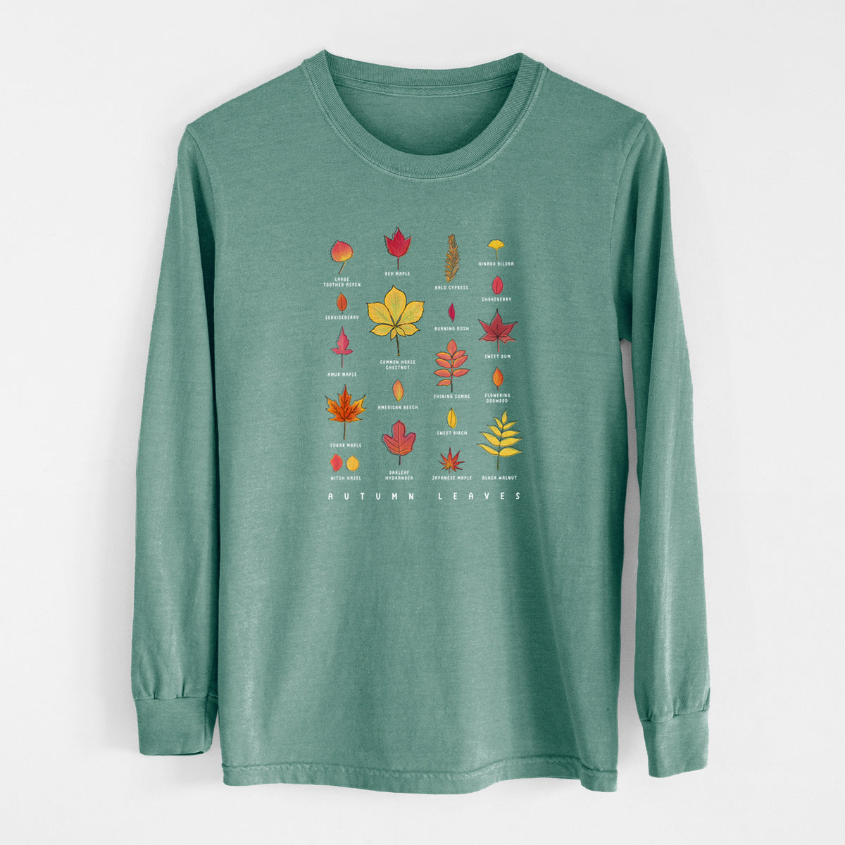 Pine green Comfort Colors long sleeve shirt laid flat, printed with a full-color chart of autumn leaves, each labeled with its tree species.