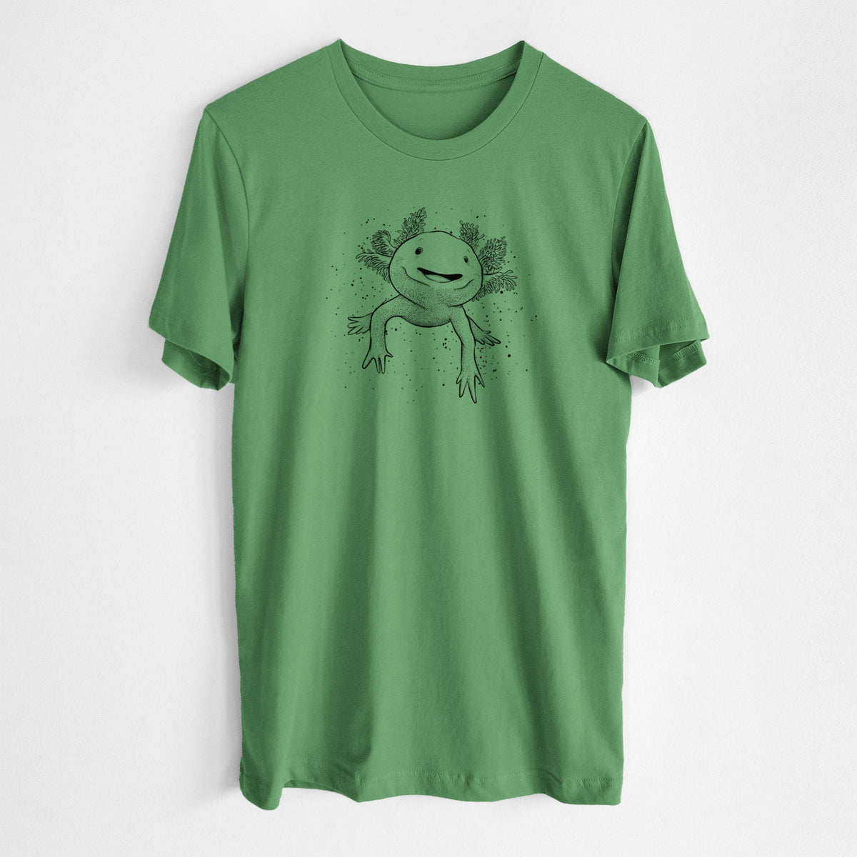 Leaf green lightweight cotton t-shirt laid flat, printed with a black ink illustration of a smiling axolotl with feathery gills.