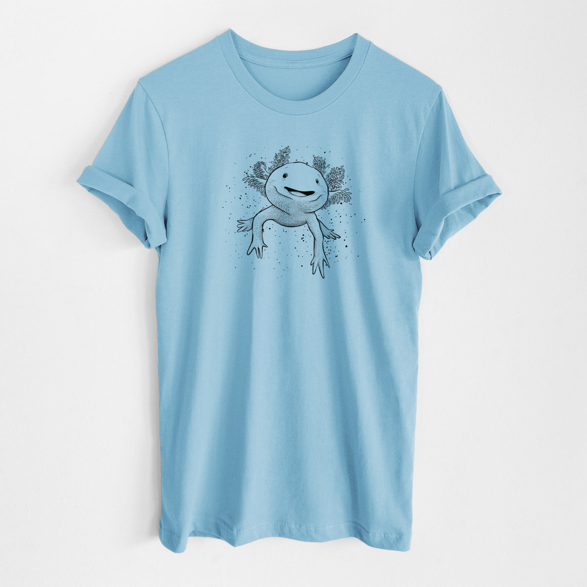 Ocean blue lightweight cotton t-shirt laid flat, printed with a black ink illustration of a smiling axolotl with feathery gills.