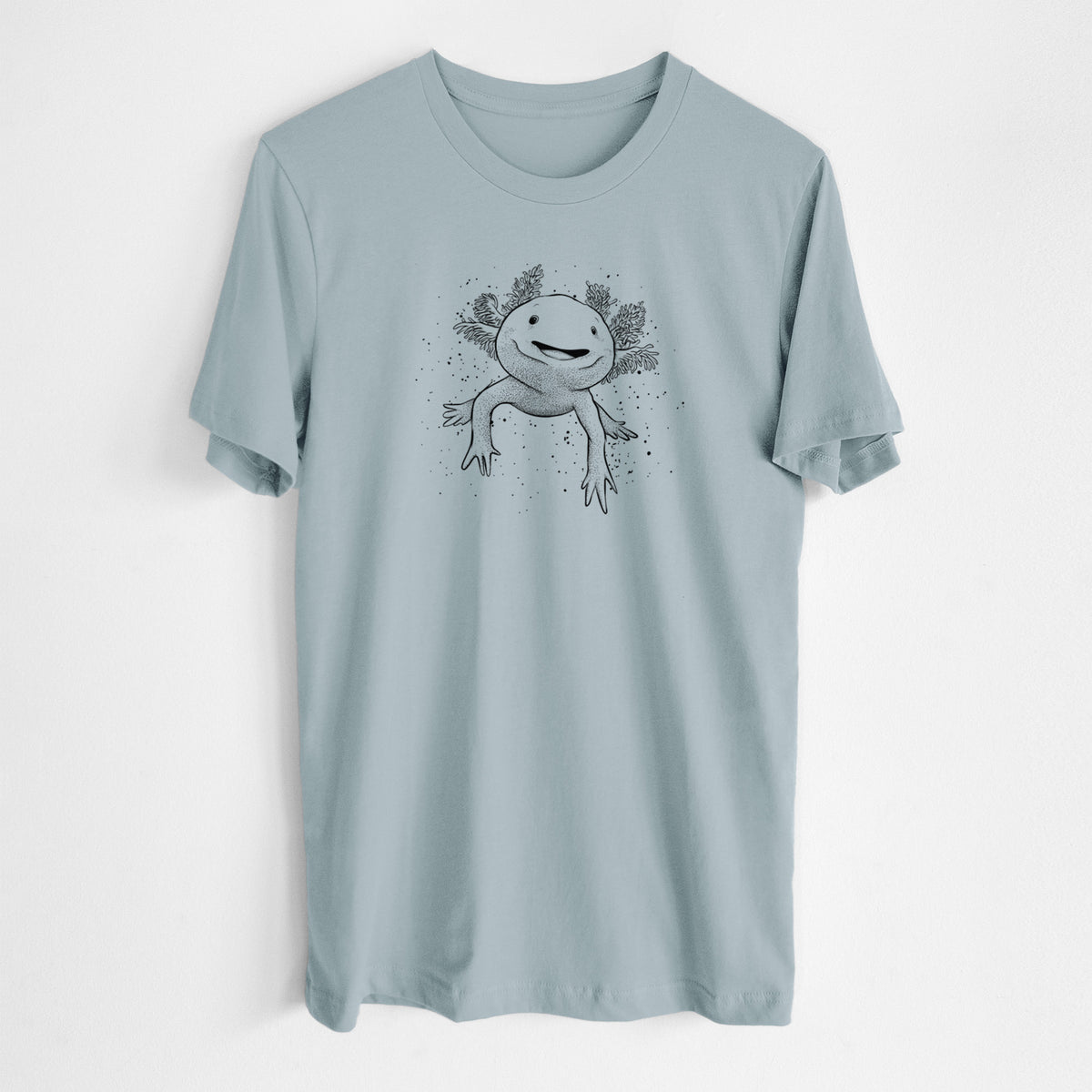 Vintage denim lightweight cotton t-shirt laid flat, printed with a black ink illustration of a smiling axolotl with feathery gills.