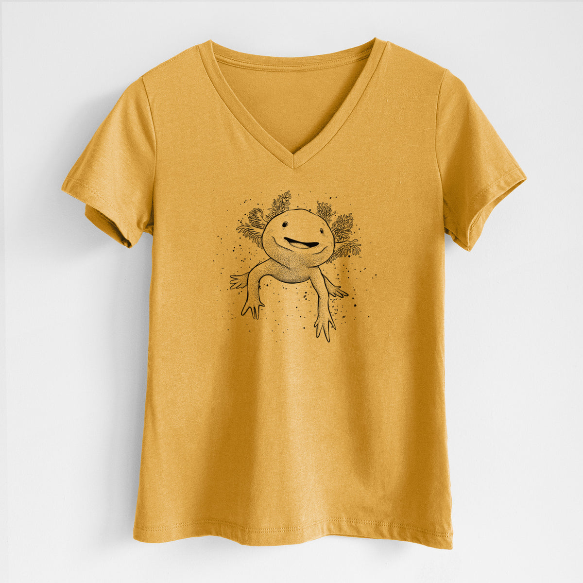 Honeycomb yellow women's relaxed fit cotton V-neck t-shirt laid flat, printed with a black ink illustration of a smiling axolotl with feathery gills.