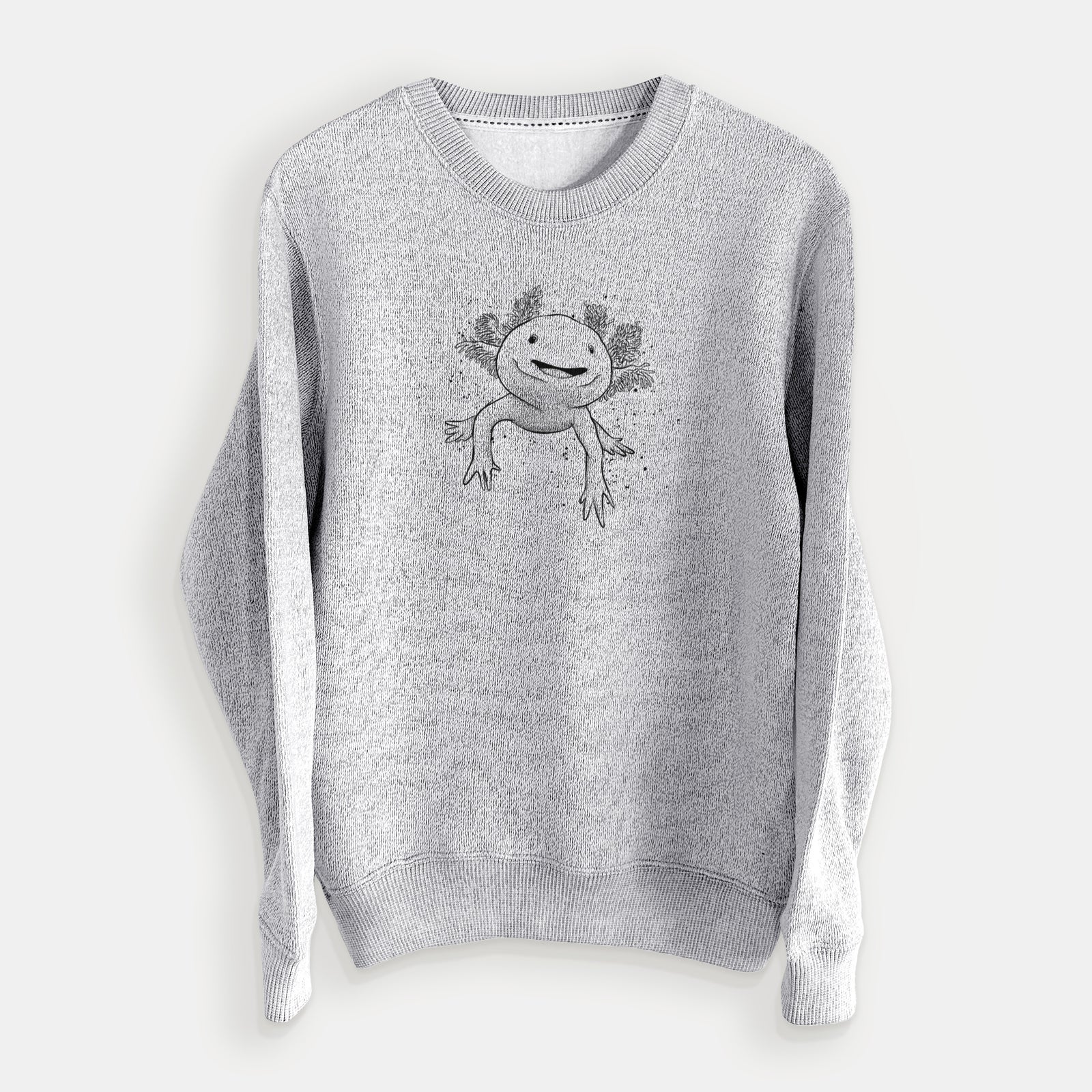 Salt and pepper knit sweatshirt laid flat, printed with a black ink illustration of a smiling axolotl with feathery gills.