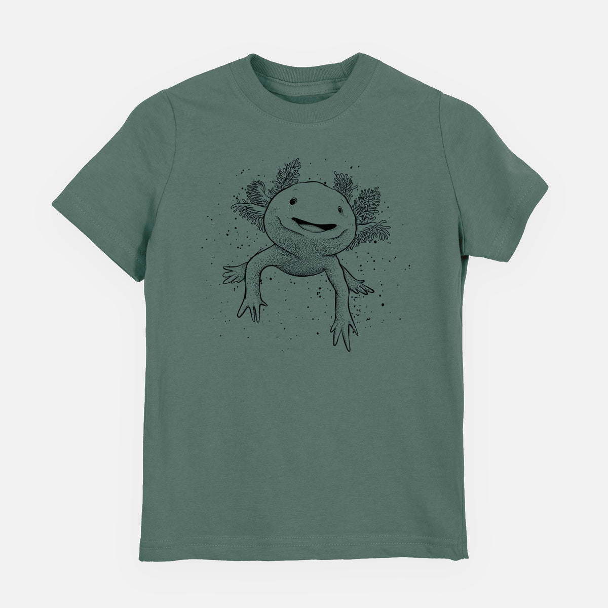 Basil green youth t-shirt laid flat, printed with a black ink illustration of a smiling axolotl with feathery gills.