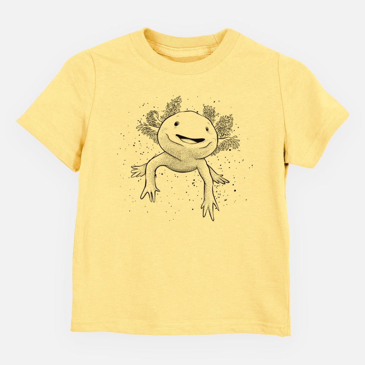 Butter yellow toddler t-shirt laid flat, printed with a black ink illustration of a smiling axolotl with feathery gills.