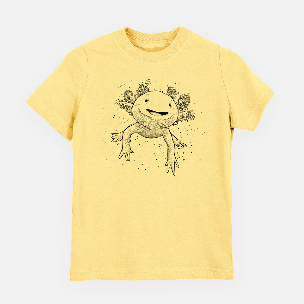 Butter yellow youth t-shirt laid flat, printed with a black ink illustration of a smiling axolotl with feathery gills.