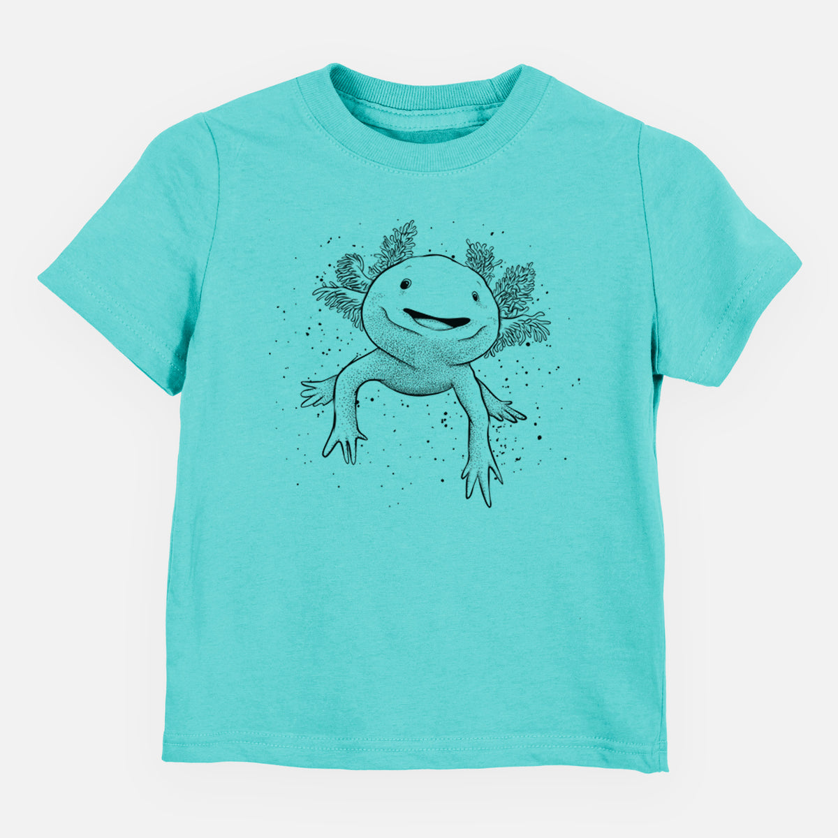 Caribbean blue toddler t-shirt laid flat, printed with a black ink illustration of a smiling axolotl with feathery gills.