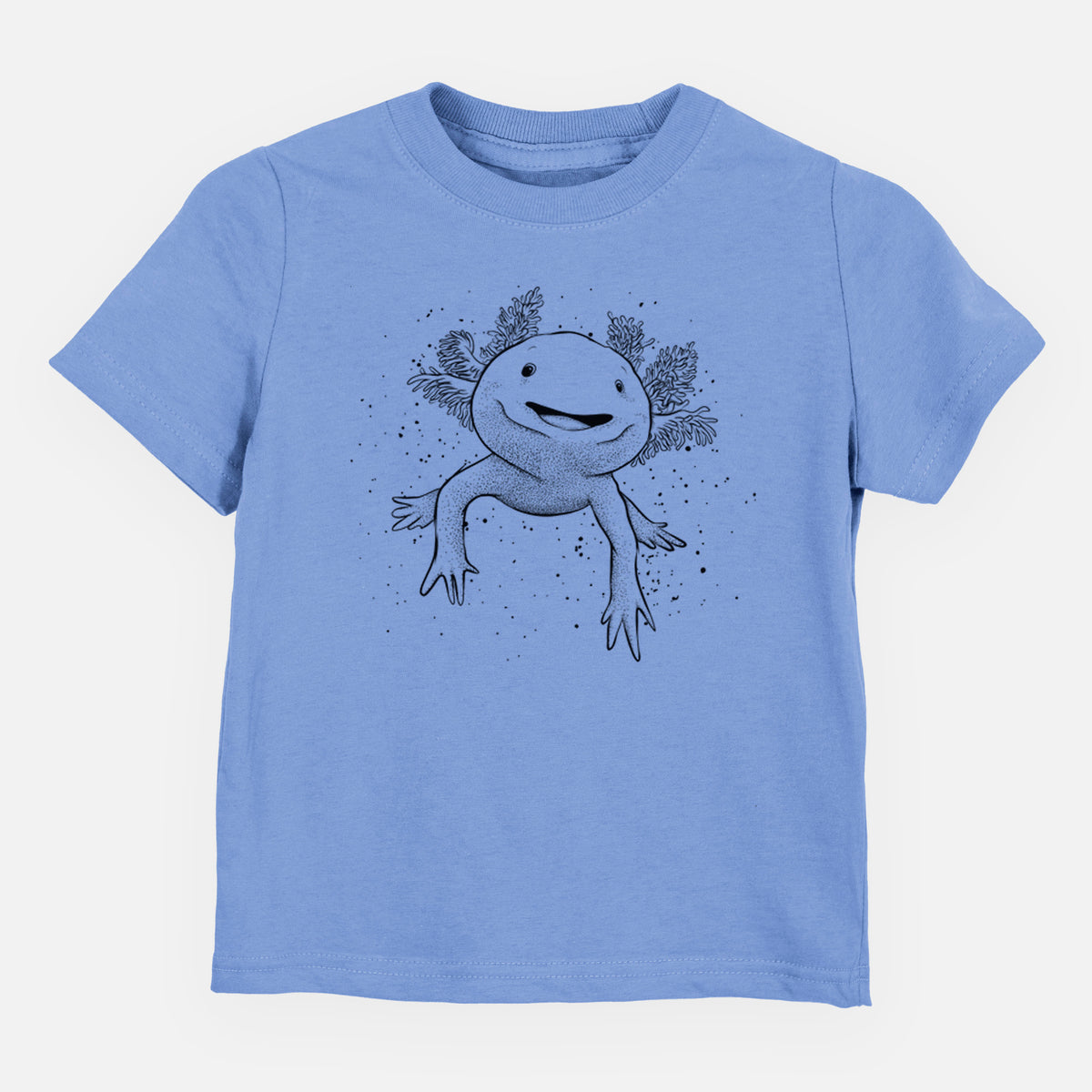 Carolina blue toddler t-shirt laid flat, printed with a black ink illustration of a smiling axolotl with feathery gills.