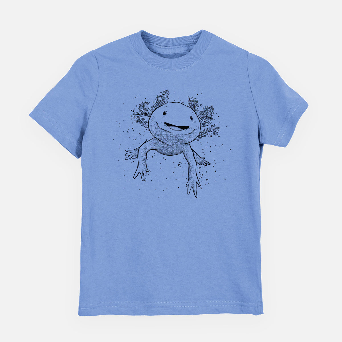 Carolina blue youth t-shirt laid flat, printed with a black ink illustration of a smiling axolotl with feathery gills.