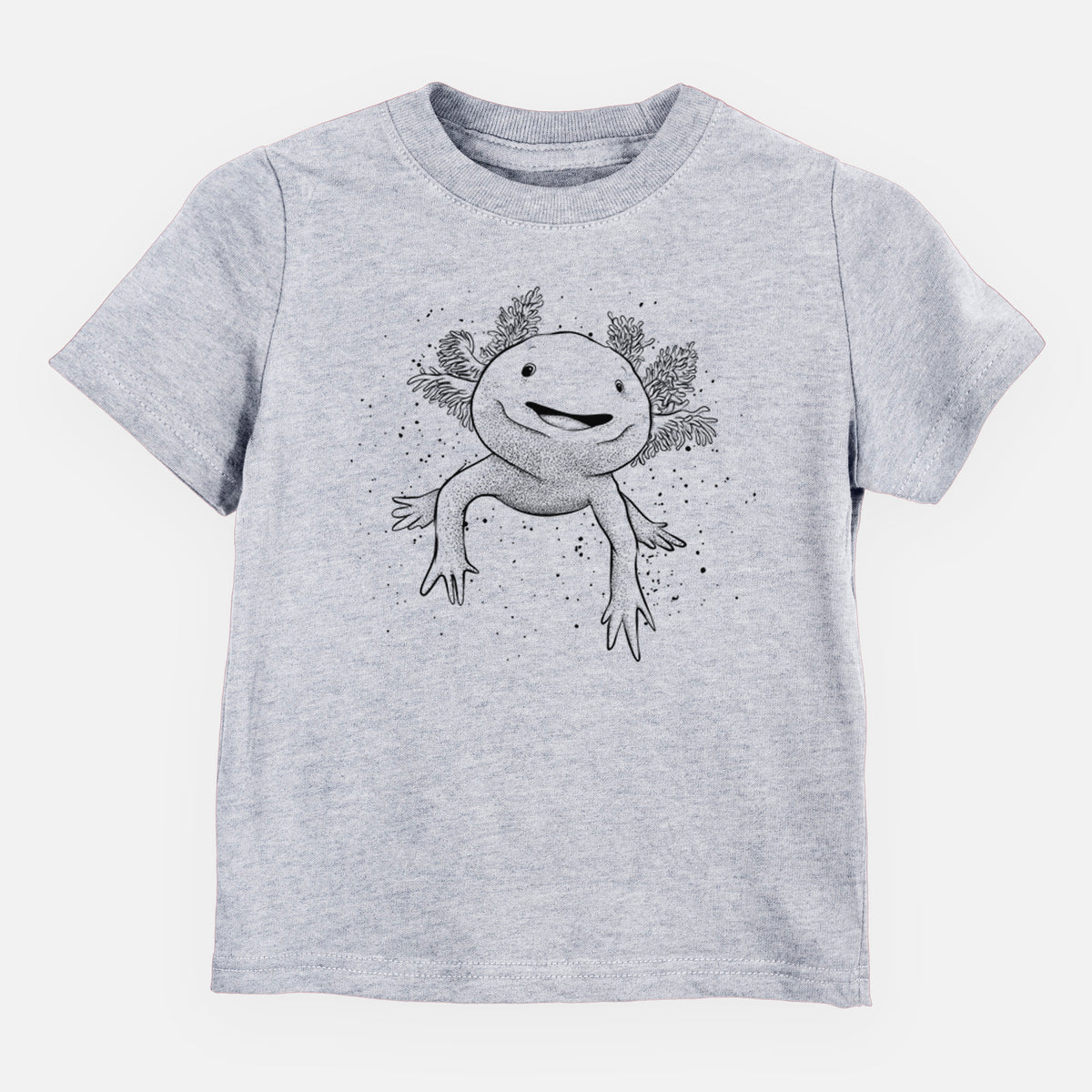 Heather grey toddler t-shirt laid flat, printed with a black ink illustration of a smiling axolotl with feathery gills.