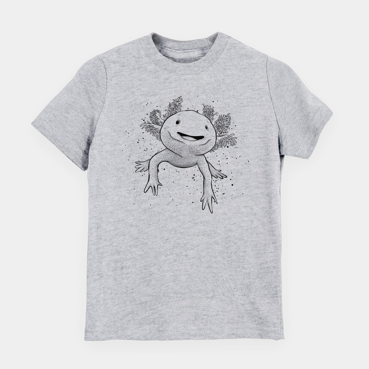 Heather grey youth t-shirt laid flat, printed with a black ink illustration of a smiling axolotl with feathery gills.