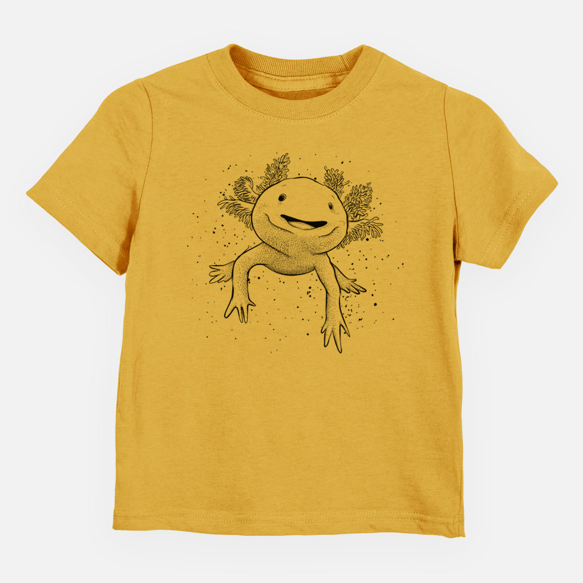 Honeycomb yellow toddler t-shirt laid flat, printed with a black ink illustration of a smiling axolotl with feathery gills.