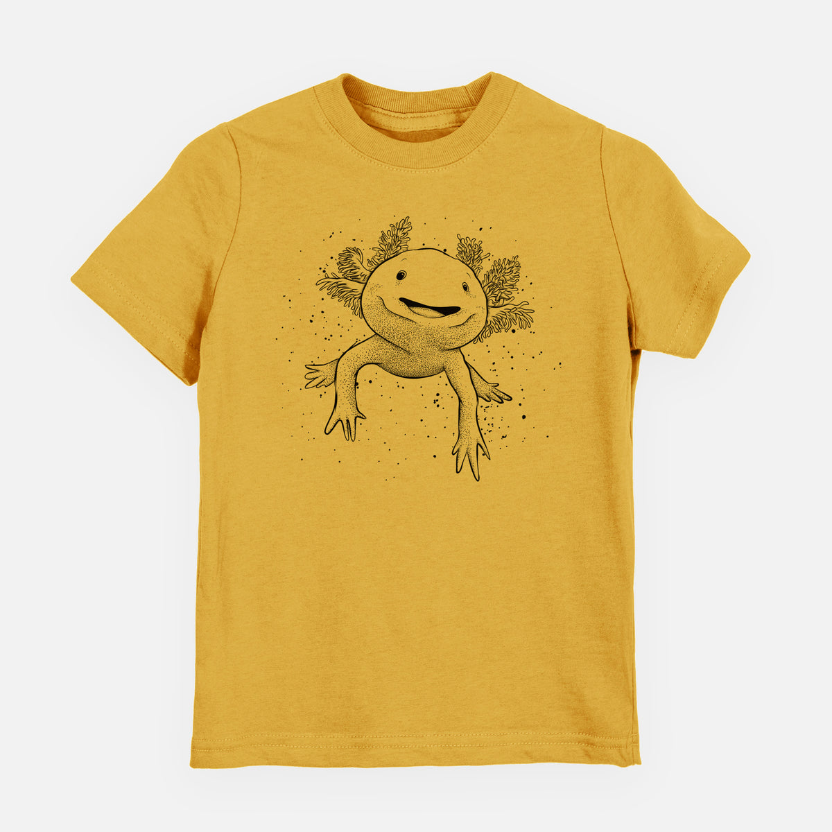 Honeycomb yellow youth t-shirt laid flat, printed with a black ink illustration of a smiling axolotl with feathery gills.