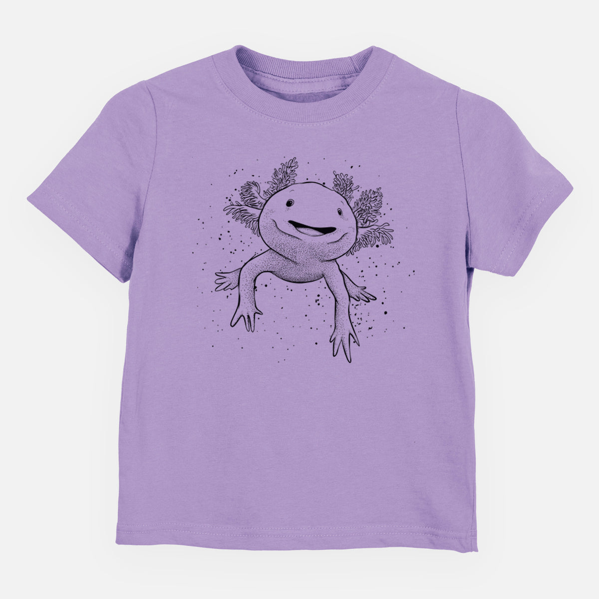 Lavender toddler t-shirt laid flat, printed with a black ink illustration of a smiling axolotl with feathery gills.