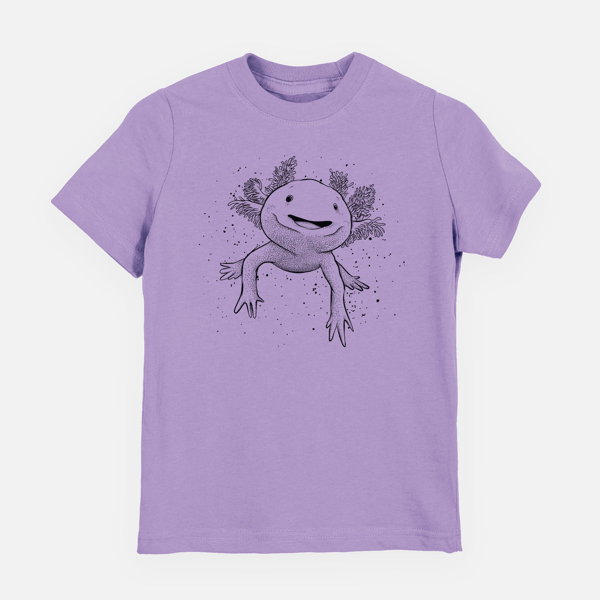 Lavender youth t-shirt laid flat, printed with a black ink illustration of a smiling axolotl with feathery gills.