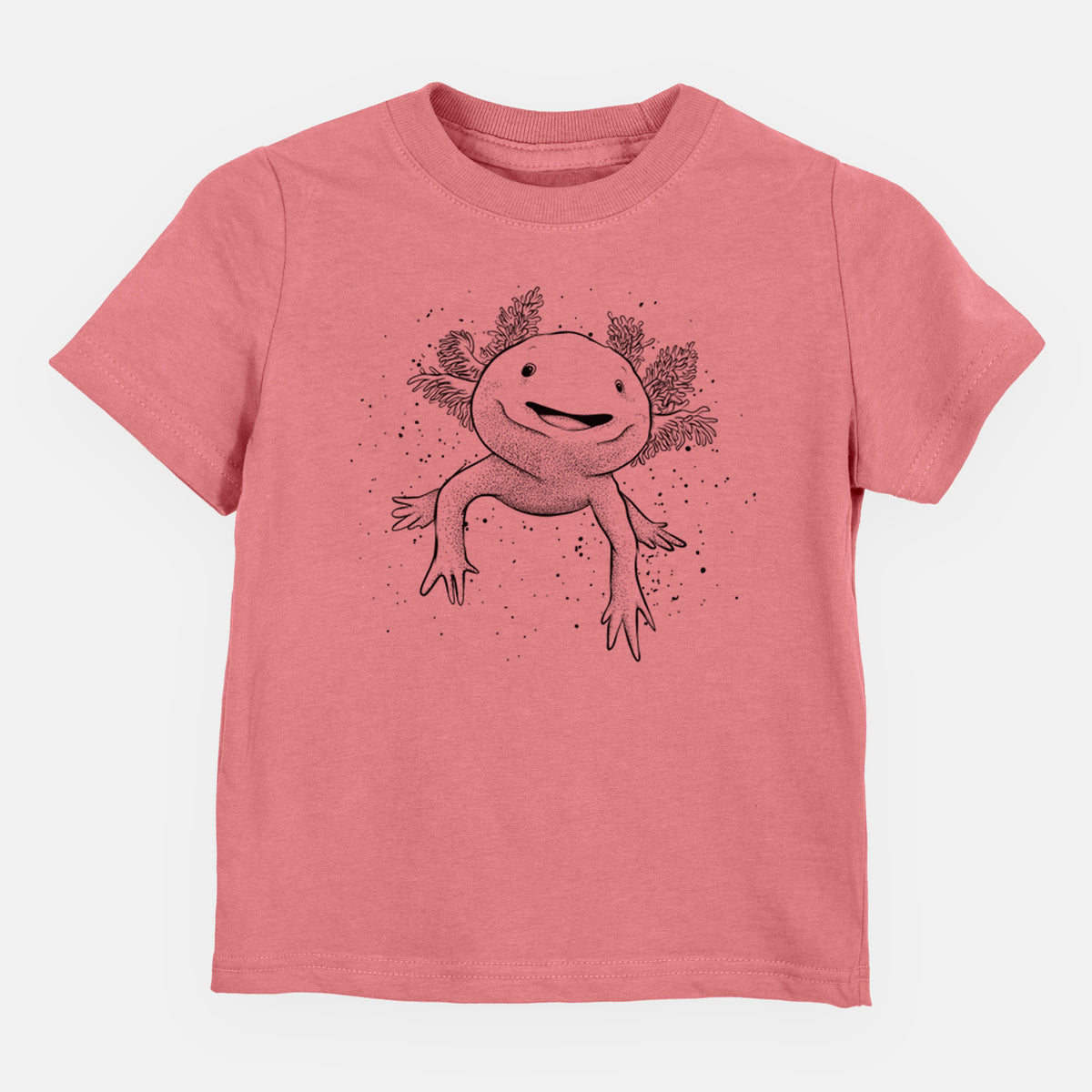Mauve pink toddler t-shirt laid flat, printed with a black ink illustration of a smiling axolotl with feathery gills.