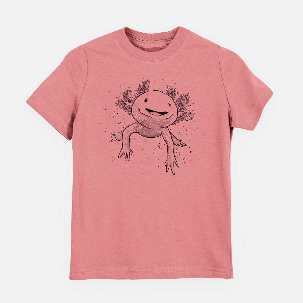 Mauve pink youth t-shirt laid flat, printed with a black ink illustration of a smiling axolotl with feathery gills.