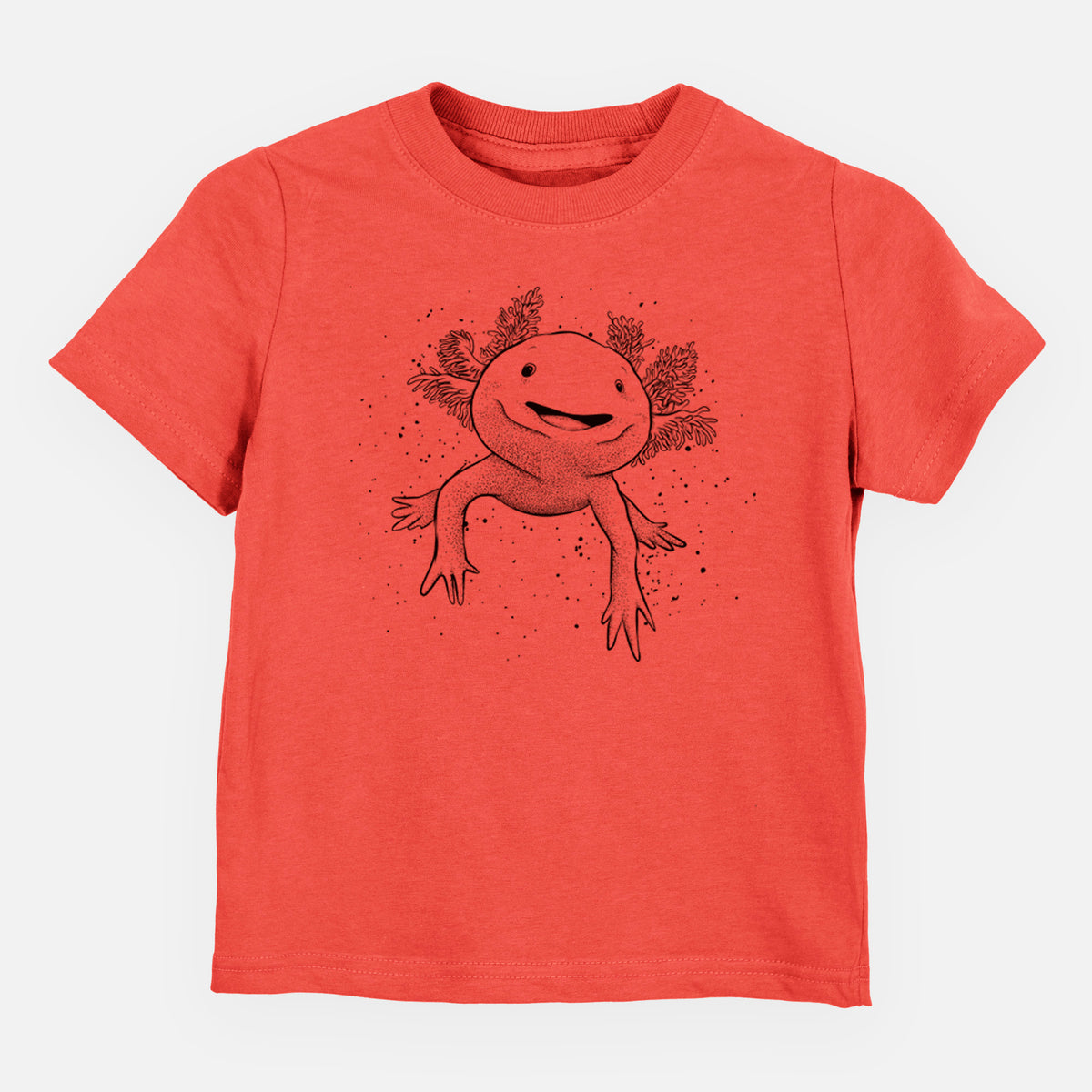Passionfruit pink toddler t-shirt laid flat, printed with a black ink illustration of a smiling axolotl with feathery gills.
