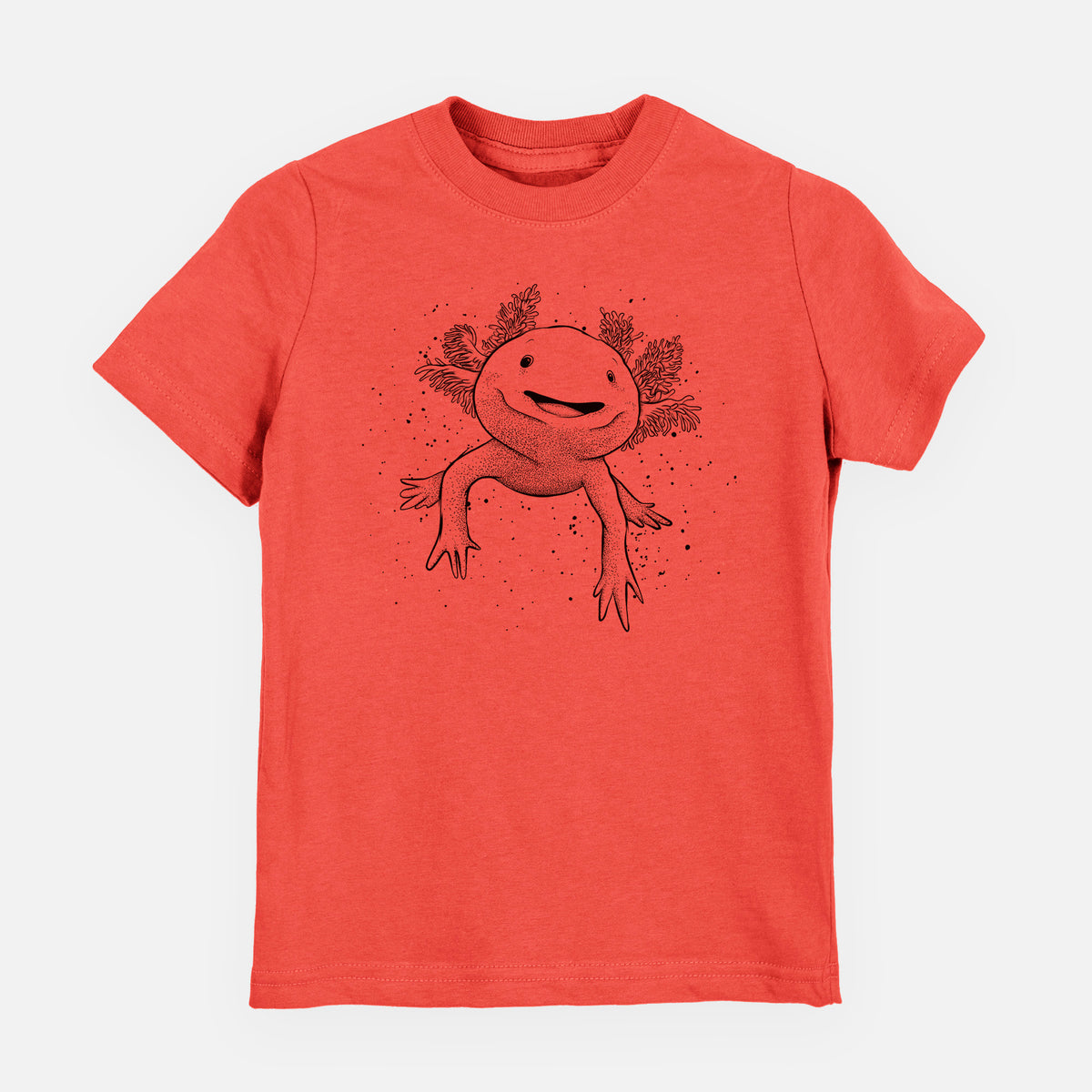 Passionfruit pink youth t-shirt laid flat, printed with a black ink illustration of a smiling axolotl with feathery gills.