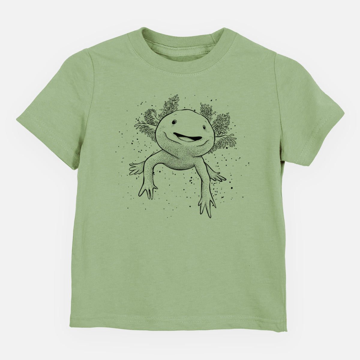 Sage green toddler t-shirt laid flat, printed with a black ink illustration of a smiling axolotl with feathery gills.