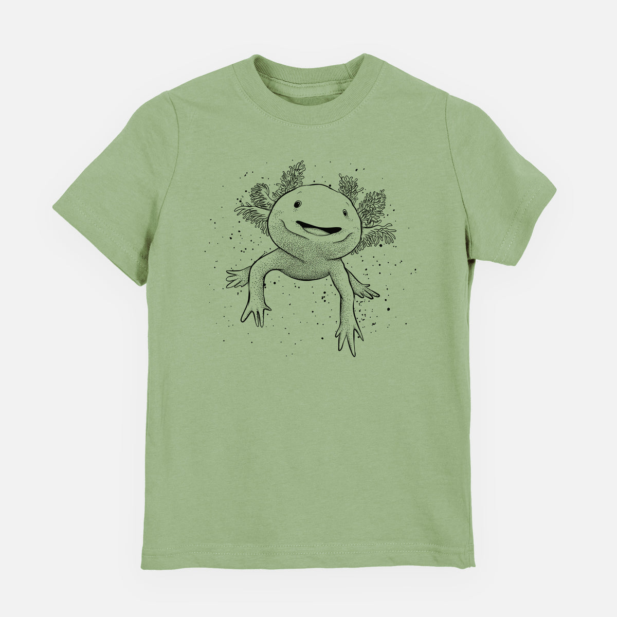 Sage green youth t-shirt laid flat, printed with a black ink illustration of a smiling axolotl with feathery gills.