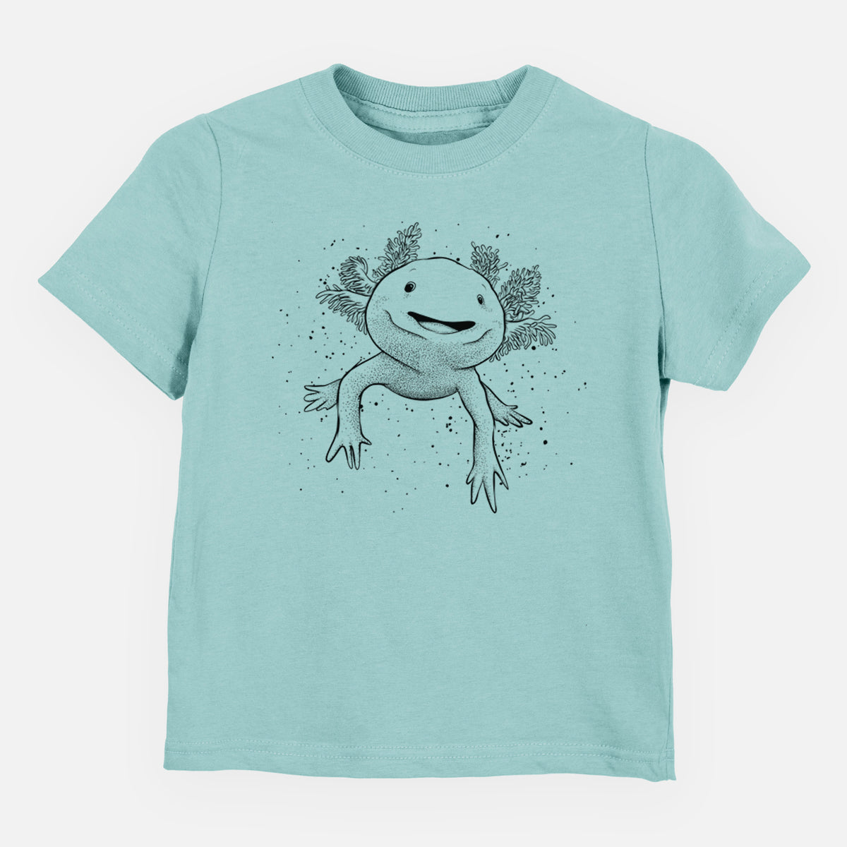 Saltwater toddler t-shirt laid flat, printed with a black ink illustration of a smiling axolotl with feathery gills.
